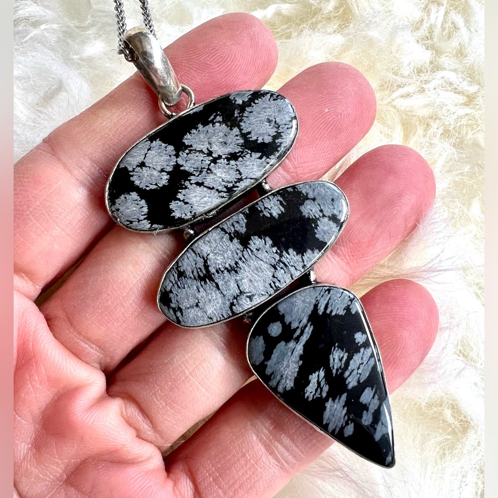925 Clarity Triple Snowflake Obsidian Pendant Necklace